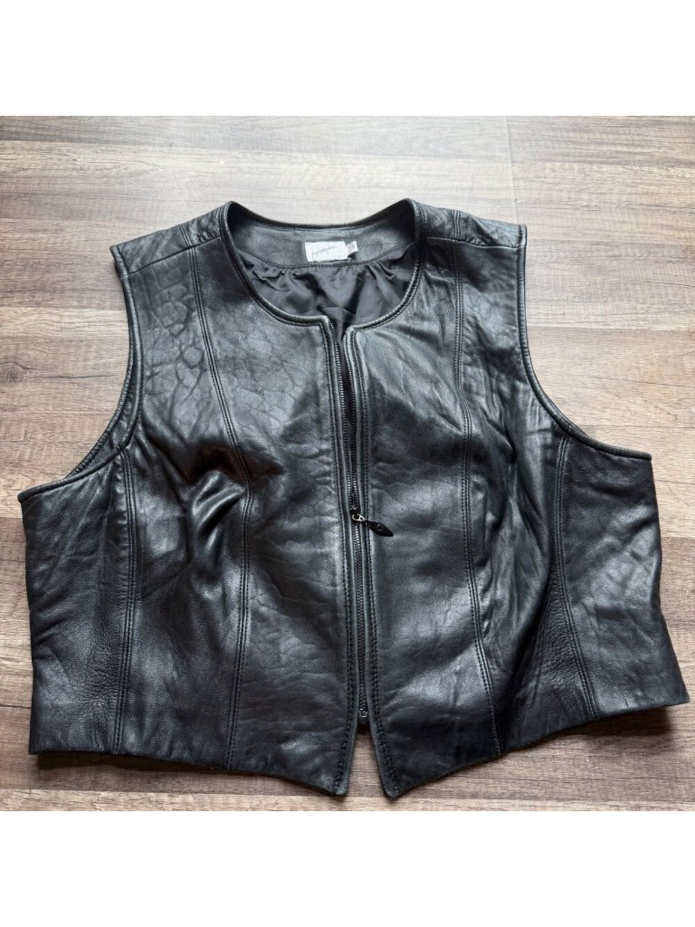 Jacqueline Ferrar Womens Black Leather Zip-Up Vest Size 16 Fully Lined
